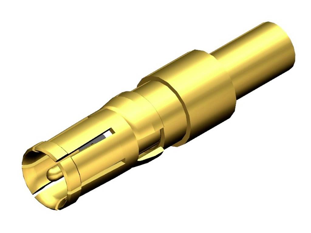 Ein goldfarbener Steckerstift in zylindrischer Form, mit mehreren Einkerbungen, die eine starre Kontaktierung ermöglichen.