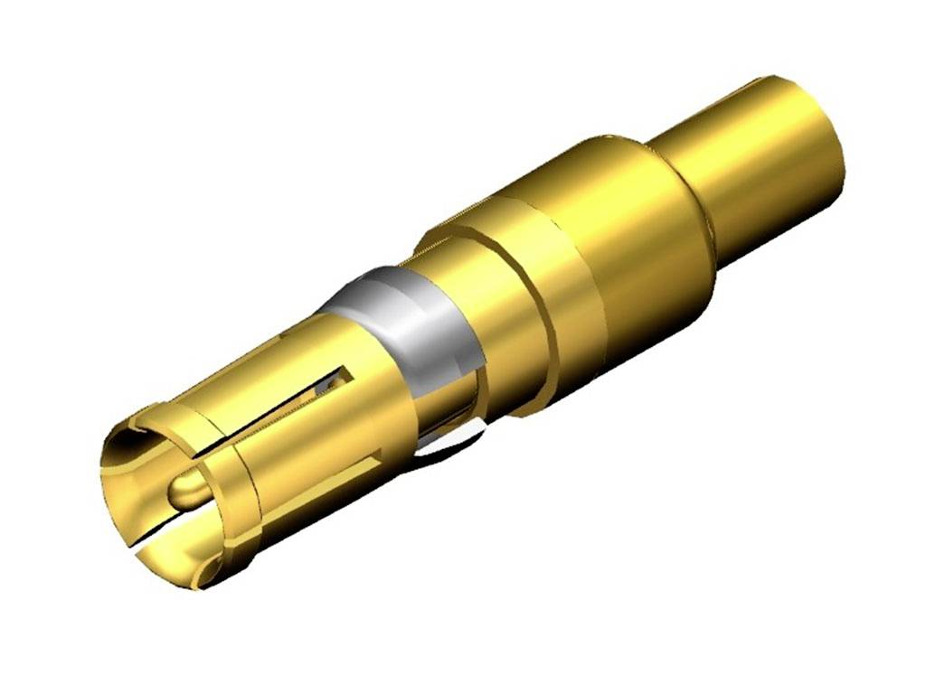 Goldfarbener Stecker mit zylindrischer Form und Metallklemmen, vermutlich für elektronische Verbindungen.