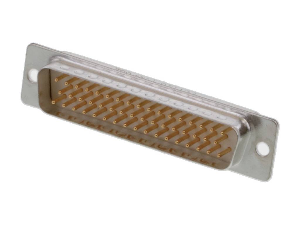 Ein DB 50-Stecker mit Metallgehäuse und 50 Pins, typisch verwendet für Datenverbindungen in Computernetzwerken.