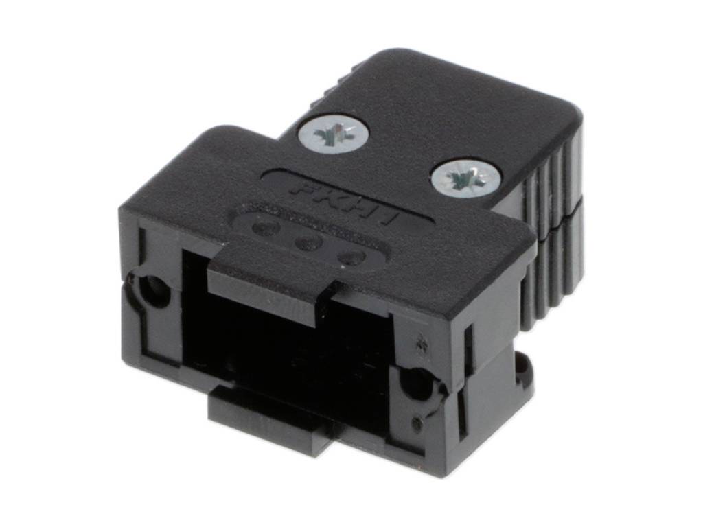 Ein schwarzer, rechteckiger Steckverbinder mit zwei Metallschrauben an der Oberseite, geeignet für elektronische Verbindungen.