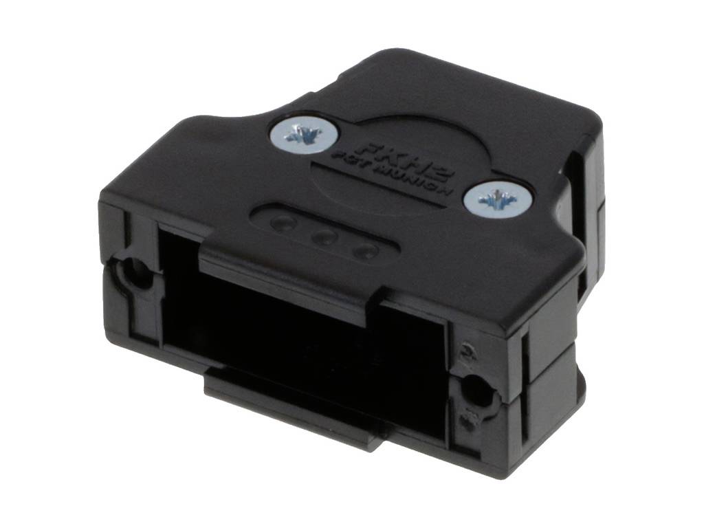 Schwarzer, rechteckiger Kunststoffadapter mit zwei silbernen Schrauben, geeignet für industrielle Verbindungssysteme.