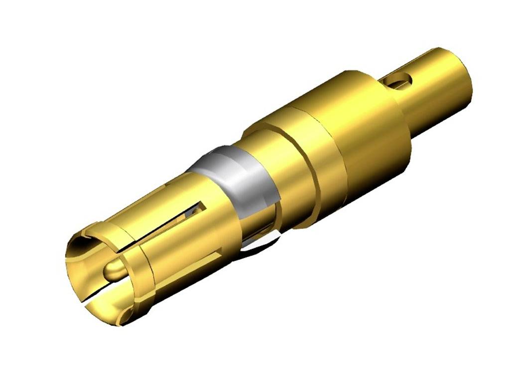 Goldener elektrischer Steckverbinder, zylindrische Form mit mehreren Schlitzen an einem Ende, im technischen Zeichnungsstil dargestellt.