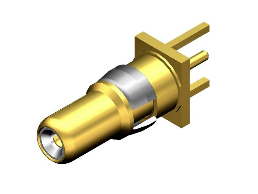 Ein Stecker im Koaxial-Design mit goldenem Gehäuse und zwei hinteren Anschlüssen.