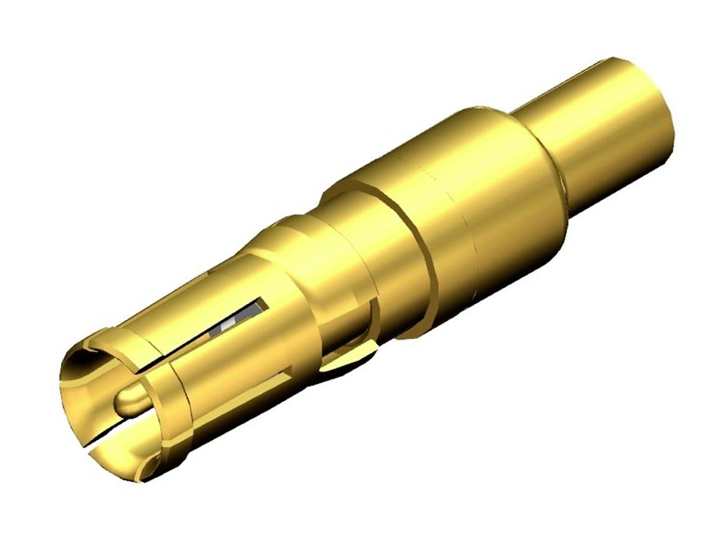Ein goldener elektrischer Steckverbinder, zylindrisch geformt, mit mehreren Rillen und einem offenen Ende, vor weißem Hintergrund.