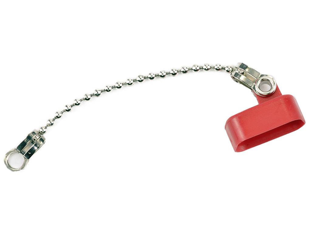 Roter Sicherungsclip mit Kette und Befestigungsschlaufen, oft verwendet in Industrieanwendungen zur Fixierung von Ventilen oder Anschlüssen.