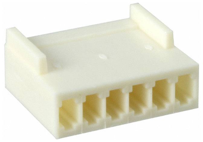Ein Fünf-Pin-Stecker mit weißem Kunststoffgehäuse, ausgestattet mit parallelen Schlitzen für Stifte.