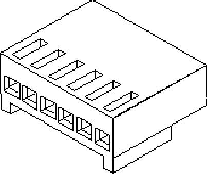 Eine schematische Darstellung eines elektronischen Bauteils mit mehreren rechteckigen Anschlussöffnungen an der Vorderseite.