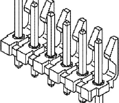 Technische Zeichnung eines Steckverbinders mit fünf vertikalen Pins und Halteklammern, die eine elektrische Verbindung zeigen.