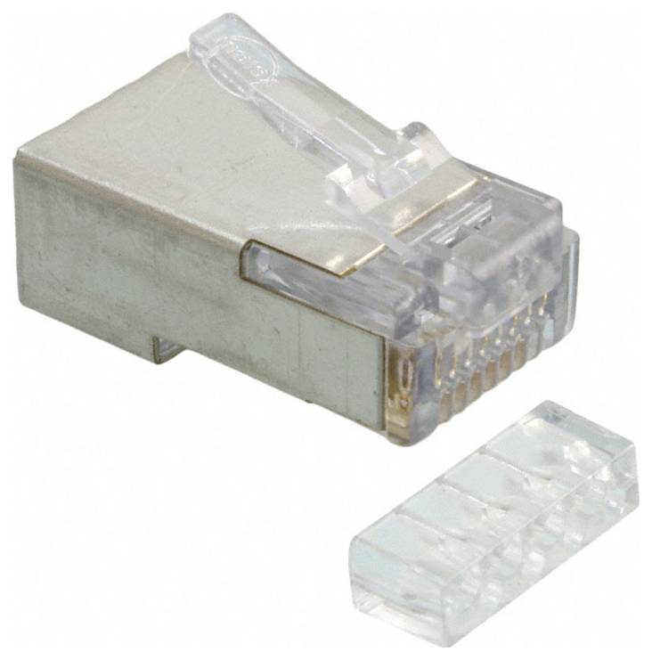 RJ45-Stecker mit Metallschirm und Kunststoffgehäuse für Netzwerkkabel, gezeigt zusammen mit seiner transparenten Kunststoffabdeckung.