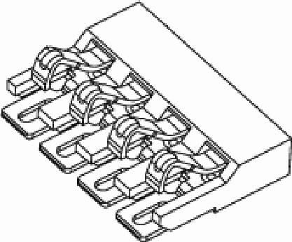 Eine technische Zeichnung von einer elektrischen Steckverbinder- oder Klemmeinheit mit vier Steckplätzen in einer Reihe.