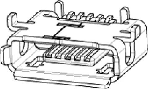 Zeichnung eines USB Micro-B Steckverbinders mit sichtbaren Pins und Steckplatz, genutzt für elektronische und mobile Geräte.