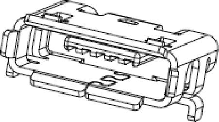 Ein technisches Diagramm zeigt einen Steckverbinder mit mehreren Kontaktpunkten und Montageanschlüssen, geeignet für elektronische Geräte.