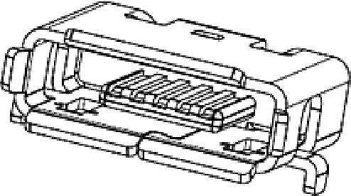 Eine schematische Zeichnung eines USB-C-Steckers, der die Form und die inneren Pins zeigt.