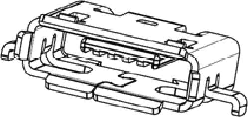 Technische Zeichnung eines USB-C-Steckers, zeigt eine detaillierte Ansicht der Pin-Anschlüsse und äußeren Form des Steckverbinders.