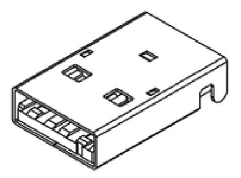 Schwarz-weiß Illustration eines USB-Steckers, Draufsicht. Der Stecker zeigt die typische rechteckige Form mit vier Anschlusspins.