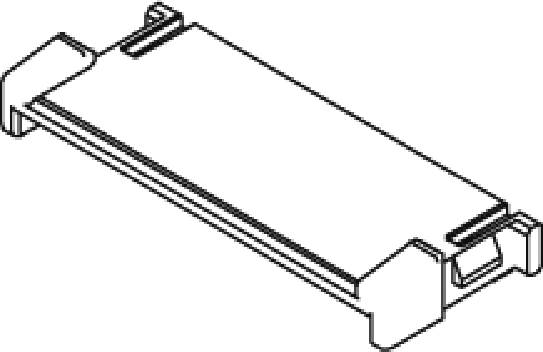 Zeichnung eines rechteckigen Bauteils mit Clips an beiden Enden, vermutlich ein Halter oder Träger.
