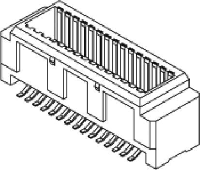 Ein technisches Diagramm eines rechteckigen Steckverbinders mit mehreren Pins, die aus der Seite herausragen, gezeigt aus einer schrägen Ansicht.