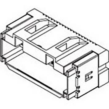 Ein technisches Diagramm eines Steckverbinders, rechteckige Form mit mehreren Kontaktpunkten und einer Verschlussmöglichkeit auf beiden Seiten.