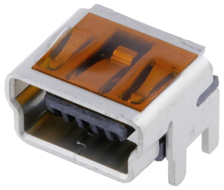 Ein kreisförmiger, schwarzer Stecker mit fünf Löchern und einer gelben Punktmarkierung, montiert auf einem quadratischen Flansch mit einem Gewindeabschnitt.