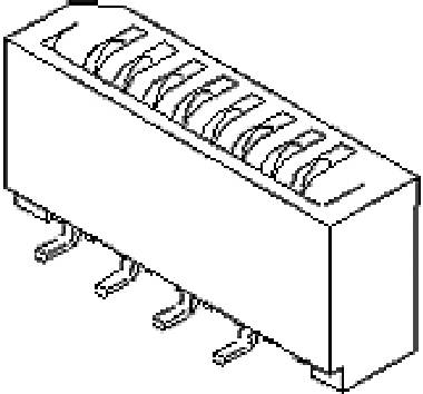 Schwarze Hebelschalter in Isometrie, zeigt acht Reihen von Metallkontakten an der Unterseite. Ideal für elektronische Schaltungen.