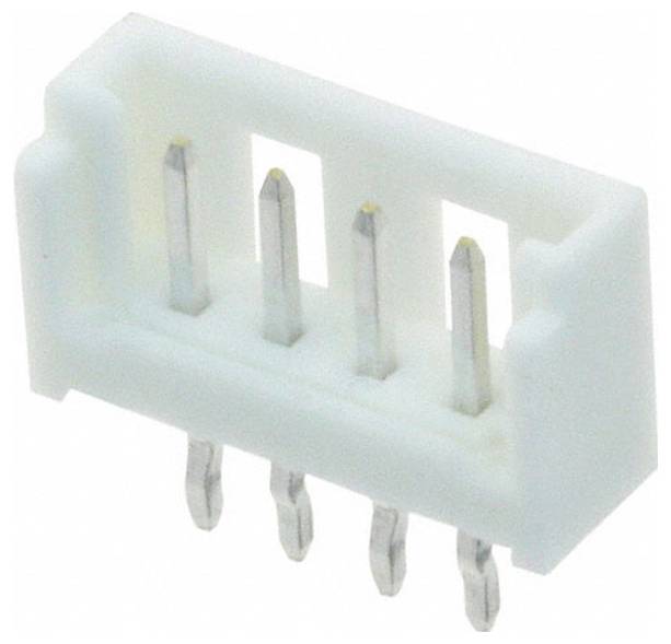 Ein weißer 4-poliger Stecker mit Metallkontakten und Kunststoffgehäuse, der für elektronische Schaltungsverbindungen verwendet wird.
