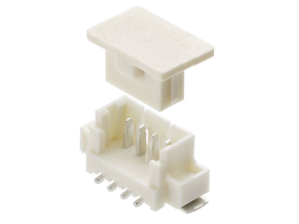 Weißer Kunststoff-Stecker mit sechs Metallstiften und abnehmbarer Abdeckung, geeignet für elektrische Verbindungen.