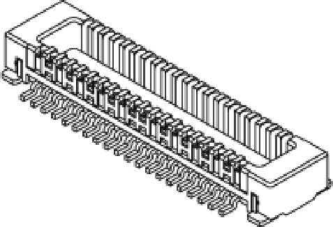 Stecker (Technische Zeichnung): Ein rechteckiger Anschluss mit mehreren Pins für elektronische Verbindungen, seitliche Führungskanäle.