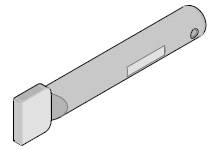 Ein 3D-Diagramm eines langen, rechteckigen Werkzeugs mit abgerundeten Kanten und einem rechteckigen Kopfteil.