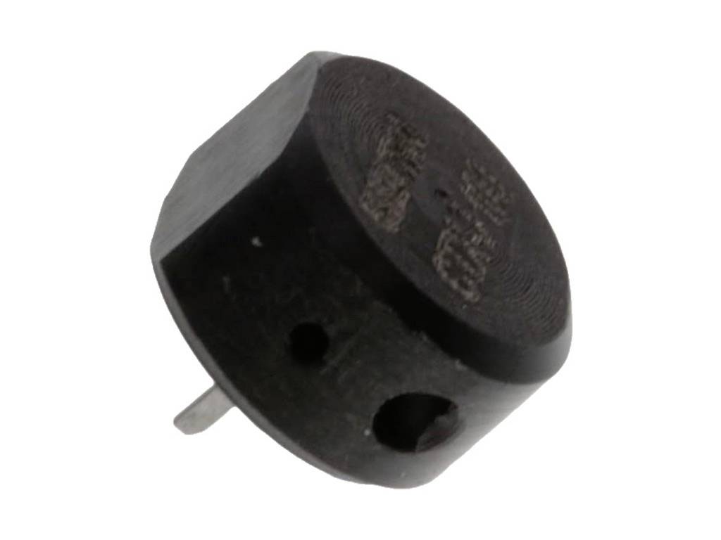 Ein schwarzer, zylinderförmiger elektronischer Summer mit zwei Anschlussstiften, zur Verwendung in elektronischen Geräten.