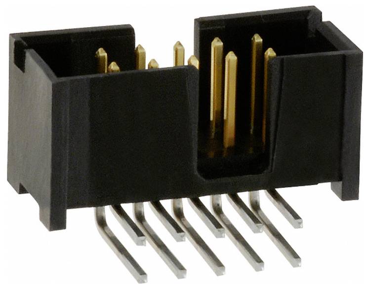 Ein 10-poliger Steckverbinder mit vergoldeten Kontakten und schwarzem Kunststoffgehäuse, das zwei Reihen von Kontakten für elektronische Verbindungen zeigt.