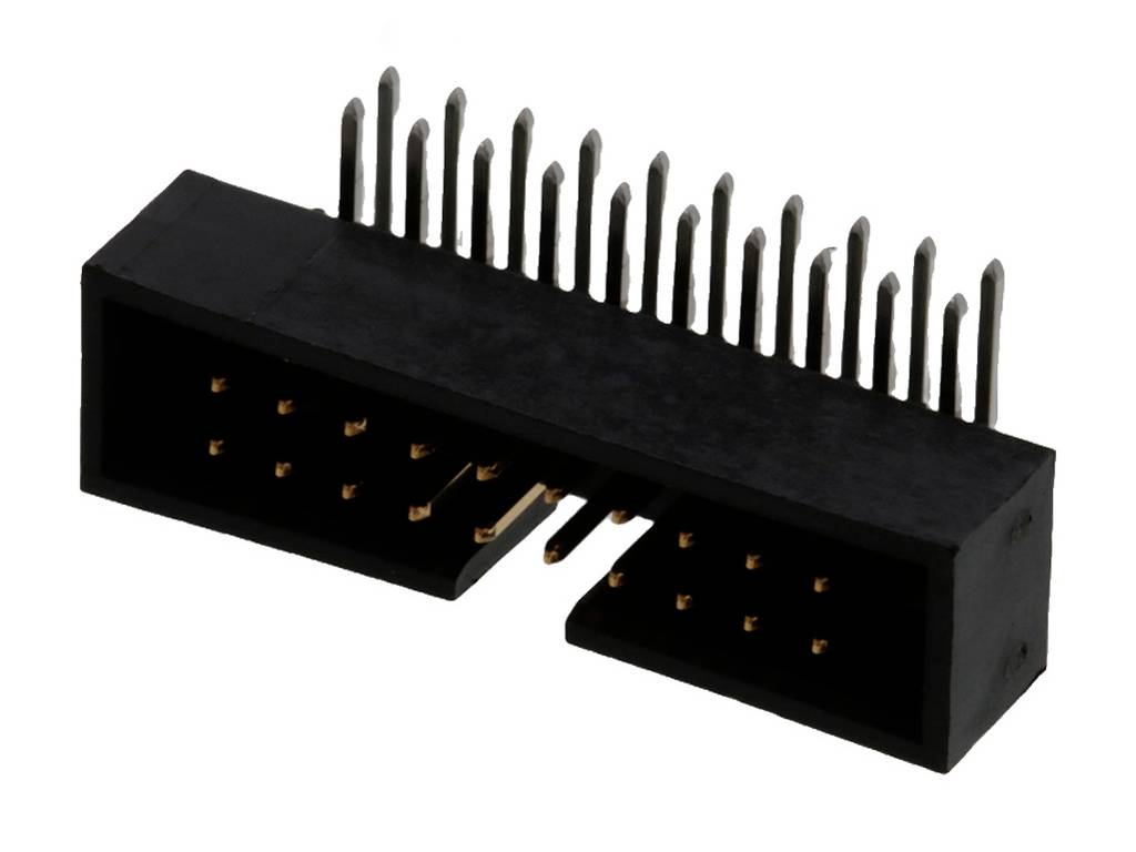 Ein schwarzer, zweireihiger elektronischer Steckverbinder mit mehreren Pins.