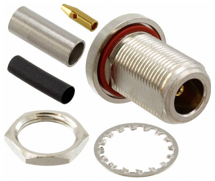 Ein Metallkoaxialstecker mit Gewindeteilen, Gummiisol iern, und einer Mutter. Die Komponenten sind zerlegt und angezeigt.