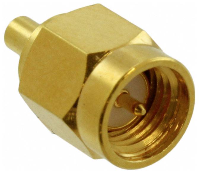 Ein vergoldeter SMA-Stecker mit Außengewinde und zentralem Stift, verwendet für HF-Verbindungen in Koaxialkabeln.