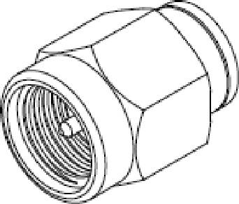 Technische Zeichnung eines sechseckigen Metallsteckers mit Gewinde, vermutlich ein Koaxialstecker, für Kabelverbindungen.