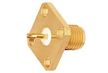 Goldener SMA-Stecker mit quadratischer Montageplatte, zwei Befestigungslöchern und sichtbarem Innenstift.