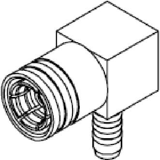 Schwarz-weiße technische Zeichnung eines Winkelfittings mit einem gerippten Ende und einem quadratischen Mittelteil.
