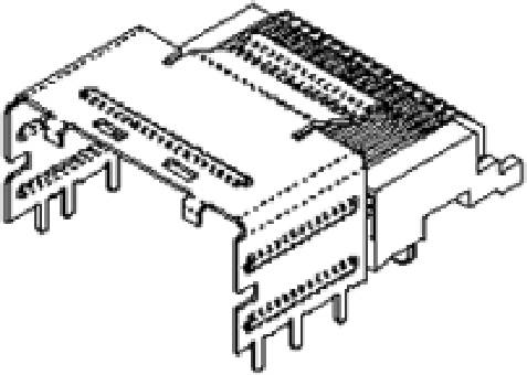 Schwarz-Weiß-Zeichnung eines elektronischen Steckverbinders mit mehreren Pins und seitlichen Einkerbungen, ohne nähere Beschreibung.
