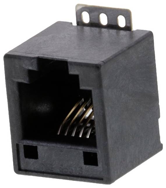 Ein Nahaufnahmebild einer schwarzen RJ45-Ethernet-Buchse mit sichtbaren Metallkontakten im Inneren, die zur Verbindung von Netzwerkkabeln verwendet wird.