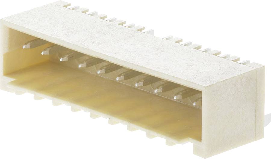 Ein weißer Steckverbinder mit mehreren Metallkontakten, geeignet für elektronische Verbindungen, auf weißem Hintergrund.