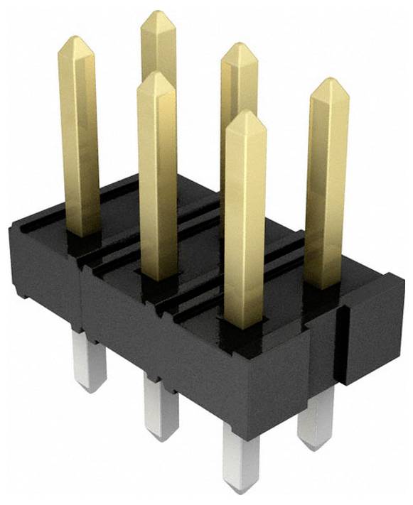 Ein Fünf-Pin-Stecker mit schwarzer Kunststoffbasis und fünf vertikal angeordneten vergoldeten Stiften, verwendet für elektronische Leiterplattenverbindungen.