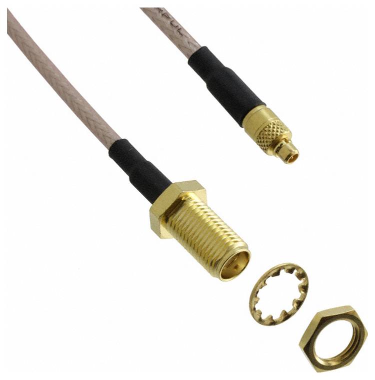 Koaxialkabelstecker: ein Ende mit vergoldeter Buchse, das andere mit Stecker, beide verbunden durch ein braunes Kabel. Enthält Unterlegscheiben und Mutter.