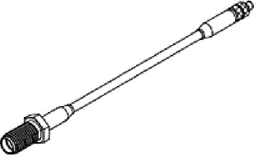 Schwarz-weiß Zeichnung eines koaxialen Verbindungskabels mit einem Stecker an jedem Ende, geeignet für Antennenanschlüsse.