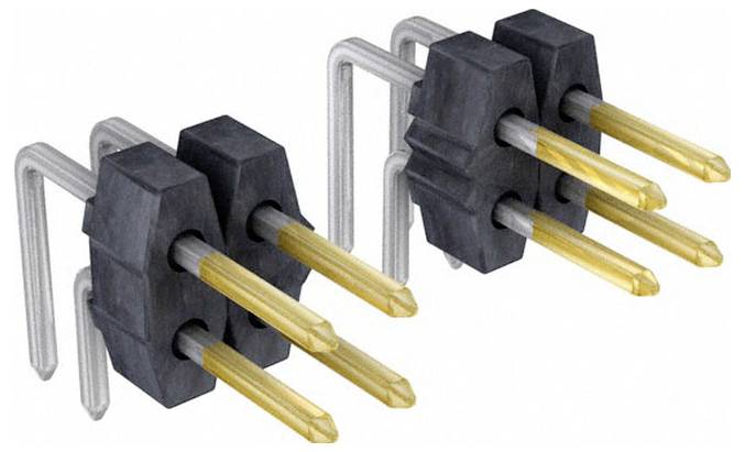 Zwei schwarze und goldene elektronische Stecker mit doppelreihigen Stiften, abgewinkelte Metallleisten an den Seiten, geeignet zur PCB-Montage.