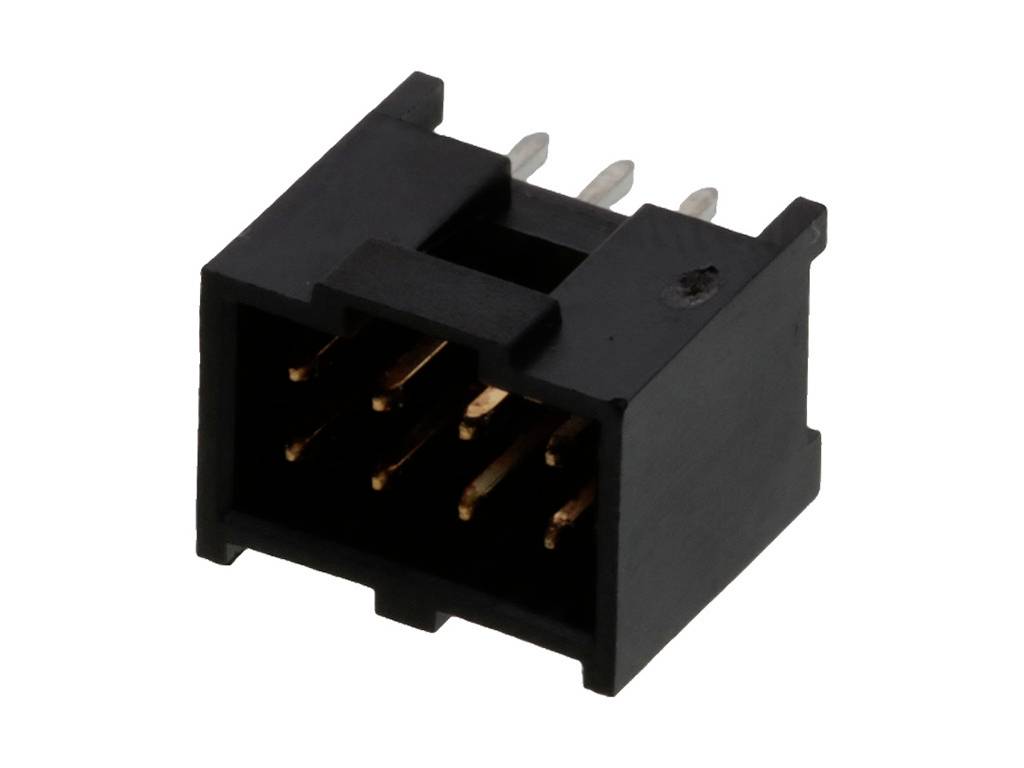Schwarzer rechteckiger Steckverbinder mit mehreren Metallpins. Eignet sich für elektronische Verbindungen auf Leiterplatten.