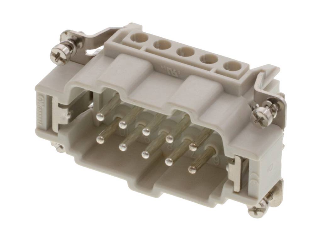 Ein grauer, rechteckiger Stecker mit mehreren Metallstiften und Schraubanschlüssen für elektrische Verbindungen.