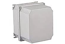 Graues rechteckiges Gehäuse mit abgerundeten Ecken, an der Wand montierbar, häufig zur Unterbringung von elektrischen Komponenten.