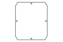 Linezeichnung einer rechteckigen Metallplatte mit abgeschrägten Ecken und Löchern in den Ecken und Seiten für die Befestigung.