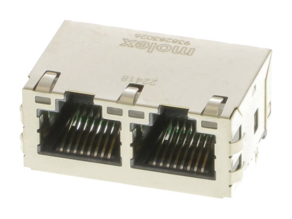 Ein doppelter RJ-45-Ethernet-Anschluss von Molex, geeignet für Netzwerkkabelverbindungen.