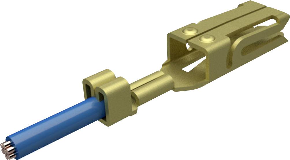 Ein metallischer Steckverbinder schließt an ein blaues Kabel an. Der Steckverbinder hat eine rechteckige Form mit mehreren Öffnungen.