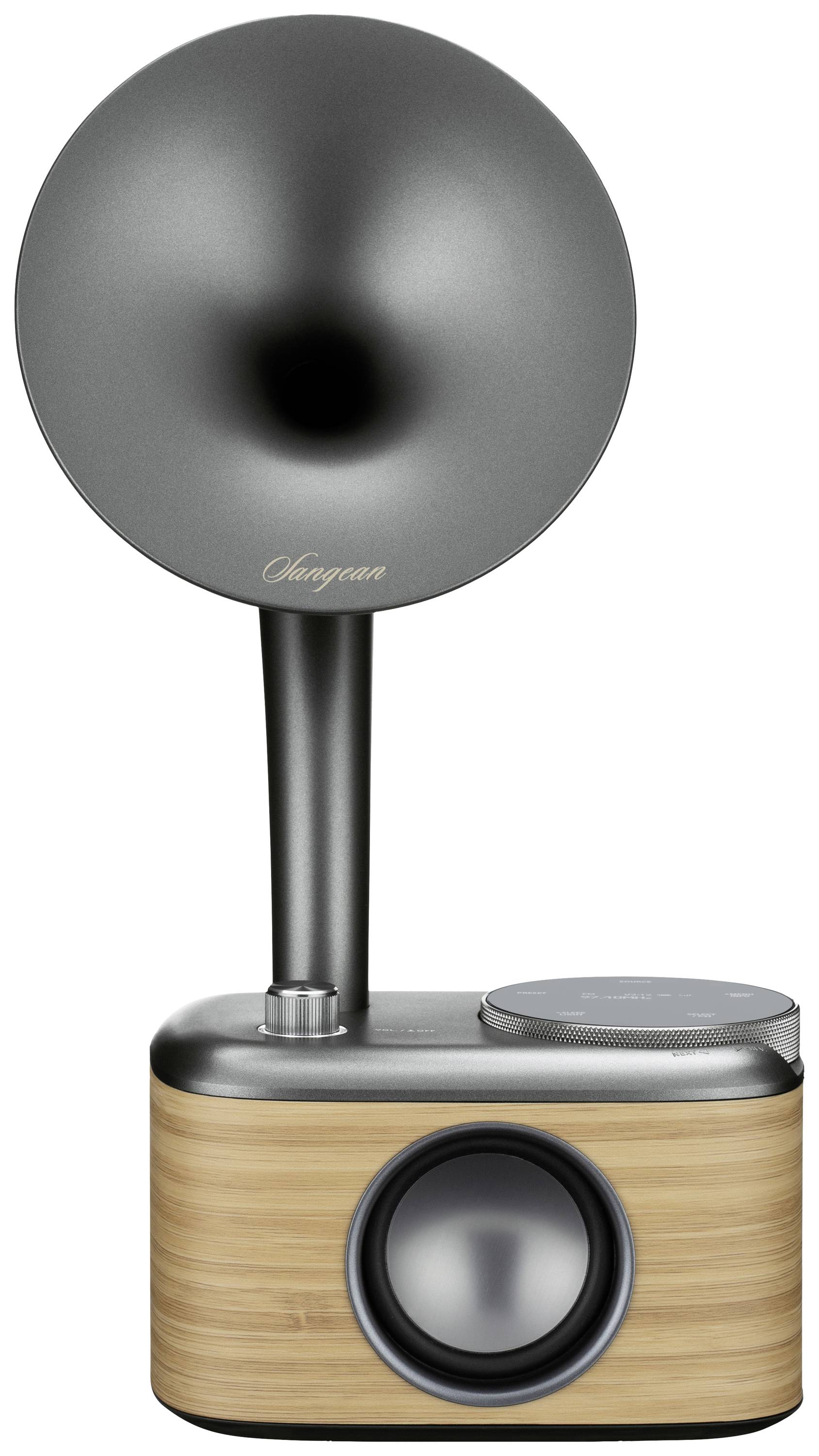 Ein modernes, retro-inspiriertes Lautsprechersystem mit Holz- und Metalloberfläche, beeindruckendem Horn und einem großen Lautsprecher.